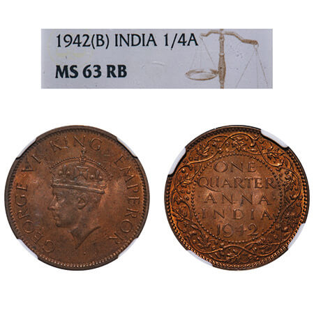 George VI, Bronze, Quarter Anna, 1942, Bombay Mint, Dot, Head Type II. F. Prid 694. GK 143