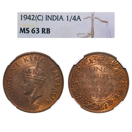 George VI, Bronze, Quarter Anna, 1942, Calcutta Mint, No dot, Head Type II. F. Prid 688. G