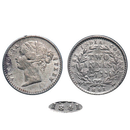 Victoria Queen, Silver, 2 Annas, 1841, DL, Calcutta Mint, W.W. raised, Wreath with 9 Berri
