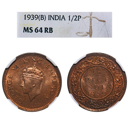 George VI, Bronze, 1/2 Pice, 1939, Bombay Mint, Dot, Head Type I. F. Prid 773. GK 1450. NG