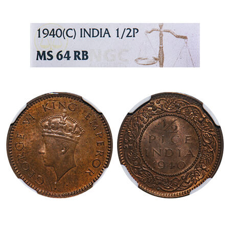 George VI, Bronze, 1/2 Pice, 1940, Calcutta Mint, No dot, Head Type I. F. Prid 772. GK 145