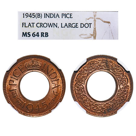 George VI, Bronze, 1 Pice, 1945, Bombay Mint, Dot, Flat Crown. F. Prid 703. GK 1443. NGC S