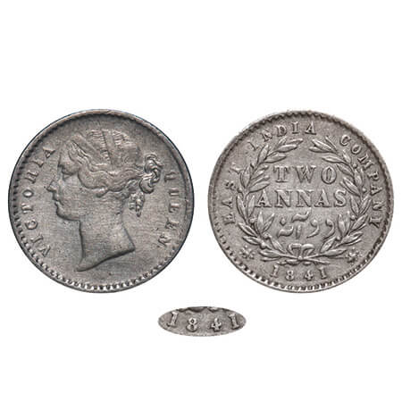 Victoria Queen, Silver, 2 Annas, 1841, DL, Calcutta Mint, W.W. raised, Wreath with 9 Berri