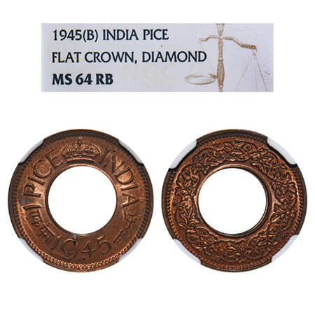 George VI, Bronze, 1 Pice, 1945, Bombay Mint, Diamond, Flat Crown. F. Prid 703. GK 1444. N