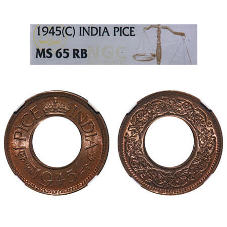 George VI, Bronze, 1 Pice, 1945, Calcutta Mint, No mint mark, Flat Crown. F. Prid 696. GK 