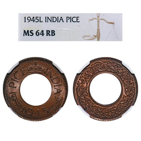 George VI, Bronze, 1 Pice, 1945, Lahore Mint, 'L' raised, Flat Crown. F. Prid 699. GK 1446