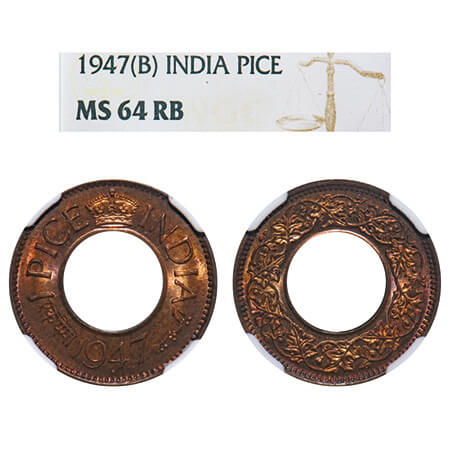 George VI, Bronze, 1 Pice, 1947, Bombay Mint, Diamond, High Crown. F. Prid 704. GK 1447. N
