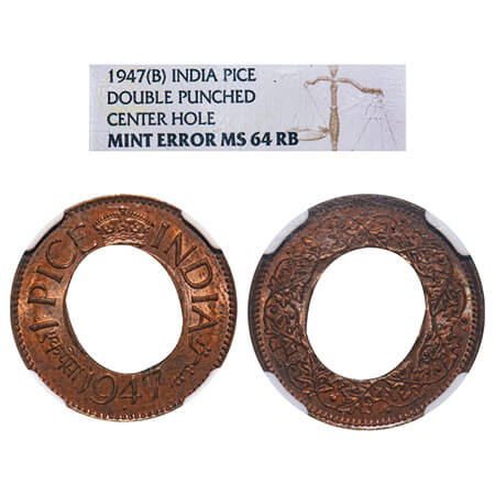 George VI, Bronze, 1 Pice, 1947, Bombay Mint, High Crown, Diamond, Mint Error, Double punc