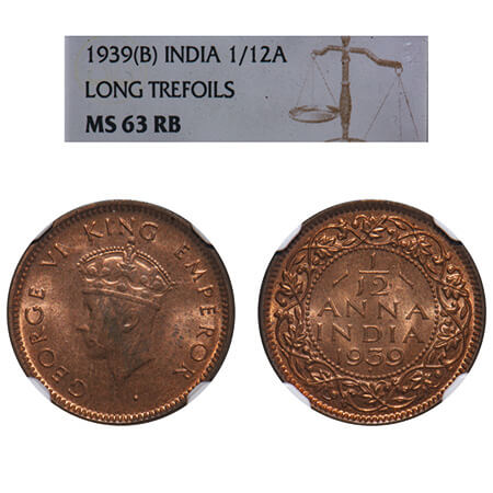 George VI, Bronze, 1/12 Anna, 1939, Bombay Mint, Dot, Head Type I. F. Prid 860. GK 1453. N