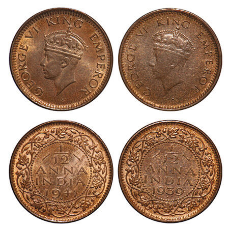 George VI, Bronze, 1/12 Anna, (2 coins), Bombay Mint, 1) 1939, Head Type I, Dot, 2) 1941, 