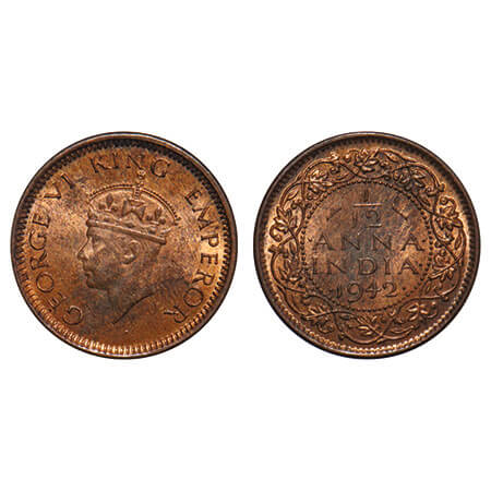 George VI, Bronze, 1/12 Anna, 1942, Bombay Mint, Dots by year, Head Type II. F. Prid 863. 