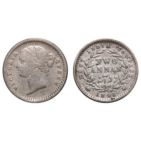 Victoria Queen, Silver, 2 Annas, 1841, DL, Madras Mint, 'S' incused, W.W. raised, Numeral 