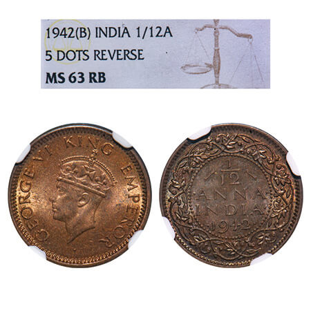 George VI, Bronze, 1/12 Anna, 1942, Bombay Mint, Dots by year, Head Type II. F. Prid 863. 