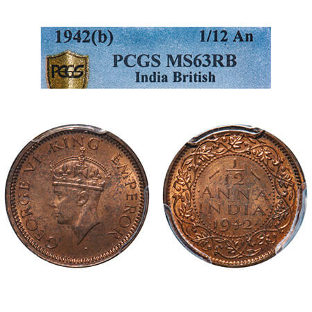 George VI, Bronze, 1/12 Anna, 1942, Bombay Mint, Dots by year, Head Type II. F. Prid 863. 