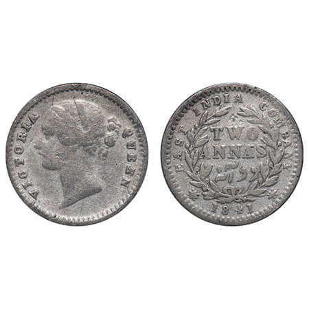 Victoria Queen, Silver, 2 Annas, 1841, DL, Bombay Mint, .W.W raised, Wreath with 9 Berries