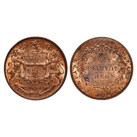 Victoria Queen, Copper, Quarter Anna, 1858, J. Watt & Co., Birmingham Mint, Single leaf, Y