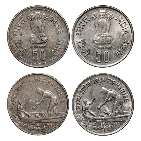 50 Paisa, 1986, (2 Coins), Cu-Ni, Fisheries, Bombay Mint, Die Variety 1) Normal die, 2) mu