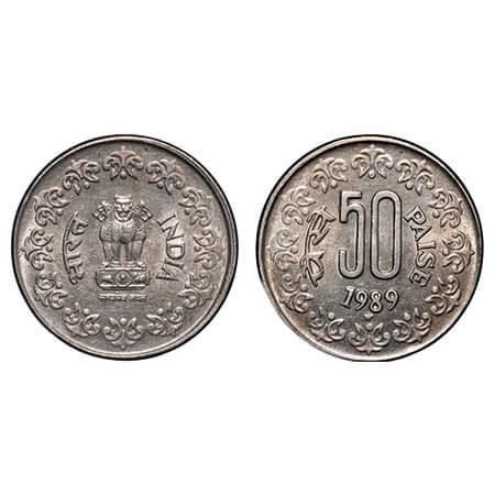 50 Paise, 1989, Cu-Nic, 4.80g, Hyderabad Mint. Extremely Fine+. Rare.
