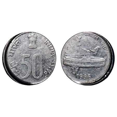 50 Paisa, 1996, FSS, 3.80g, Calcutta Mint, Die cap error. About Uncirculated, Scarce.
