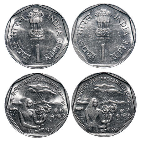 1 Rupee, 1988, Copper Nickel (2 Coins), Rainfed Farming, Bombay Mint, 2 different lion var