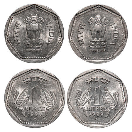 1 Rupee, 1989 & 1990, Cu-Nic, (2 Coins), Noida Mint. Uncirculated. Scarce.