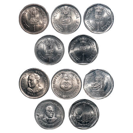 1 Rupee, Cu-Nic (5 Coins), 1) 1989-World Food Day, Noida Mint, 2) 1991-Rajiv Gandhi, Noida