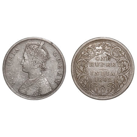 Victoria Queen, Silver, Rupee, 1862, Calcutta Mint, B/II(v), Embriodery in high relief, Pi