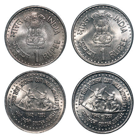 1 Rupee, 1992, (2 coins), Copper-Nickel, 6.0g, Mumbai Mint, Quit India Movement Golden Jub