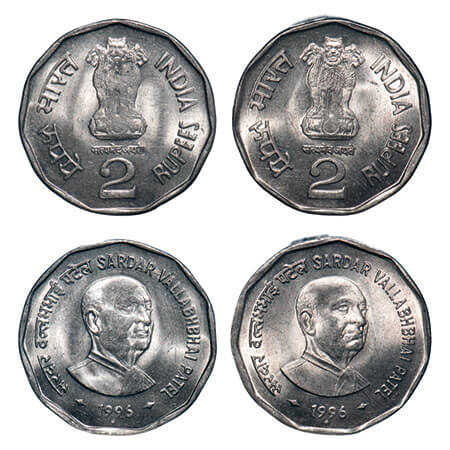 2 Rupees, 1996, Cu-Nic (2 Coins), Sardar Vallabhbhai Patel, Bombay Mint, 2 different types