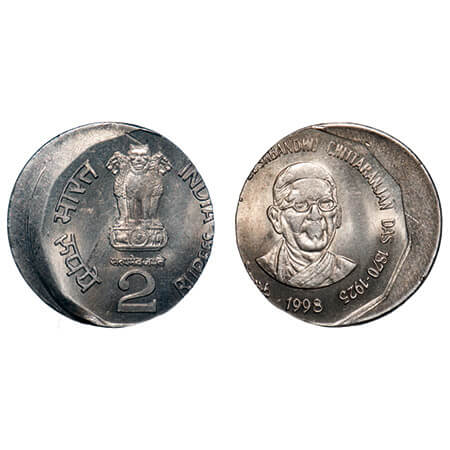 2 Rupees, 1998, Cu-Ni, 5.72g, Desh Bandhu Chittranjan Das, Calcutta Mint, 20 % misalingned