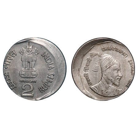 2 Rupees, 1999, Cu- Ni, 6.04g, Chhatrapati Shivaji, 10% misaligned die. About Uncirculated