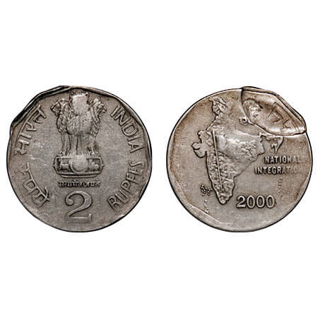 2 Rupees, 2000, Cu-Ni, 6.16g, Calcutta Mint, Indent Error. Very Fine, Scarce.