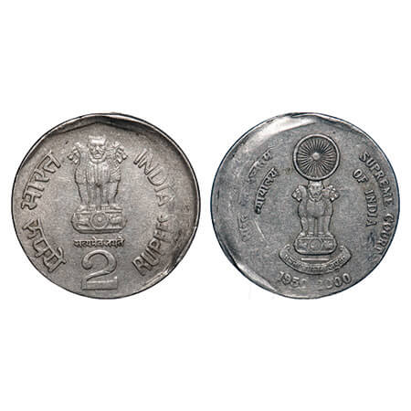 2 Rupees, 2000, Cu-Ni, 5.89g, Calcutta Mint, Supreme Court of India, 10 % die shift error.