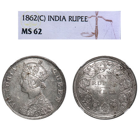 Victoria Queen, Silver, Rupee, 1862, Calcutta Mint, B1/II, Embroidery in high relief. F. P