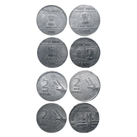 2 Rupees, FSS, (4 Coins), Nritya Mudra, 2007- Hyderabad Mint, 2008- Hyderabad Mint, 2009-B