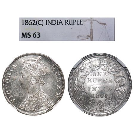 Victoria Queen, Silver, Rupee, 1862, Calcutta Mint, B/II, Embroidery in high relief. F. Pr