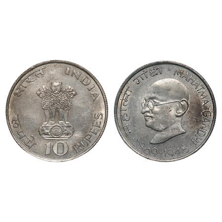 10 Rupees, 1969, Silver (80%), 14.90g, Mahatma Gandhi Centenary (1869-1948), Bombay mint. 