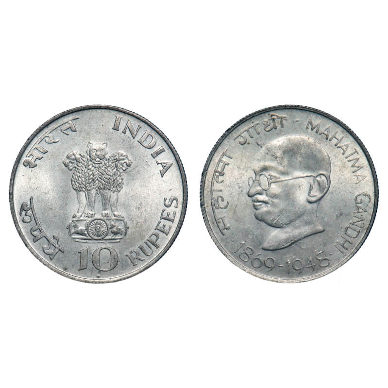 10 Rupees, 1969, Silver (80%), 15.00g, Mahatma Gandhi Centenary (1869-1948), Bombay mint. 