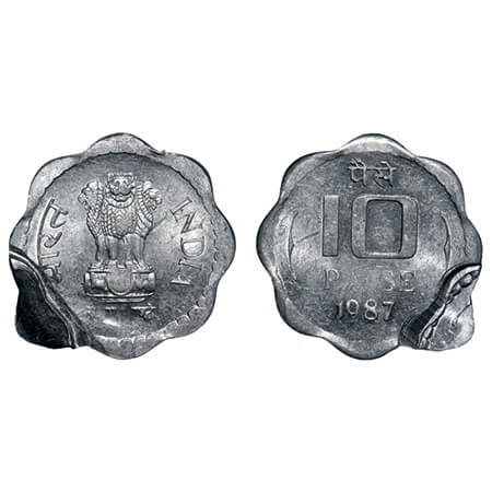 10 Paise, 1987, Aluminium, 1.73g, Calcutta Mint, Error-double struck, Uncirculated, Scarce