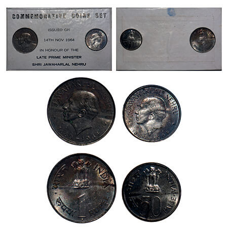 1964, Jawaharlal Nehru, UNC coin set of 2 coins, 1 Rupee & 50 Paise, Bombay Mint, comomora