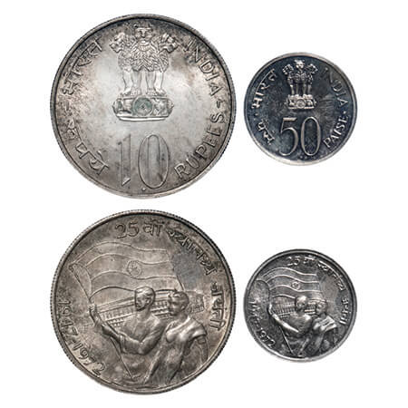 1972, UNC Loose Set of 2 Coins, 10 Rupees & 50 Paise, 25th Anniversary Of Independence, Bo