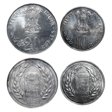 1973, UNC Loose Set of 2 Coins, 20 & 10 Rupees, Grow More Foods, Bombay Mint, without Acry