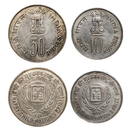 1979, UNC Loose Set of 2 Coins, Mix Metal, 50 & 10 Rupees, Happy Child-Nation's Pride. Bom