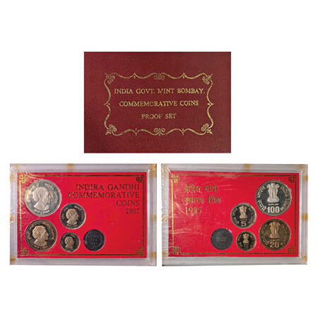 1985, Proof coin Set of 100, 20 Rupees, 5 Rupees & 50 Paise, Indira Gandhi, Bombay Mint, w