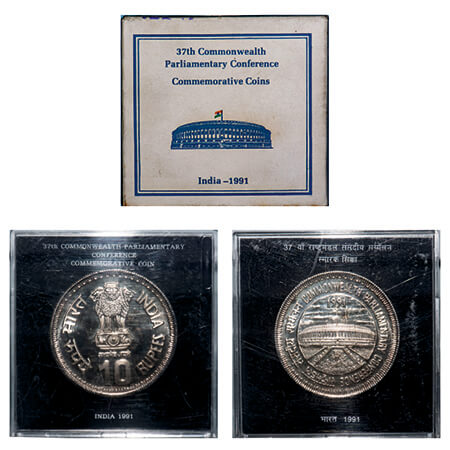 1991, Unc 10 Rupees, 37TH Commonwealth Parliamentary Conference, Bombay Mint, within acryl