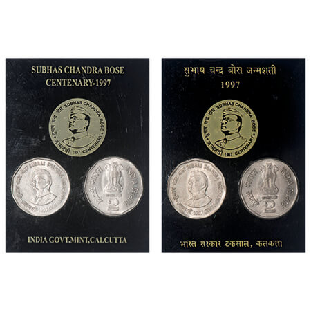 1997, Unc collectors pack set, 2 Rupees (2 Coins), Netaji Subhash Chandra Bose, Calcutta M