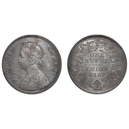 Victoria Queen, Silver, Rupee, 1862, Calcutta Mint, A/II(i), With initial 'J', Pineapple l