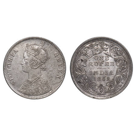 Victoria Queen, Silver, Rupee, 1862, Calcutta Mint, A/II(iii), w/o initial 'J', Pinapple l