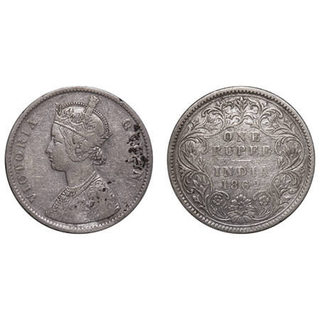 Victoria Queen, Silver, Rupee, 1862, Calcutta Mint, A/III, w/o initial 'J'. F. Prid 65. GK