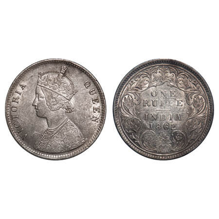 Victoria Queen, Silver, Rupee, 1862, Calcutta Mint, A/I, w/o initial 'J'. F. Prid 66. GK 2
